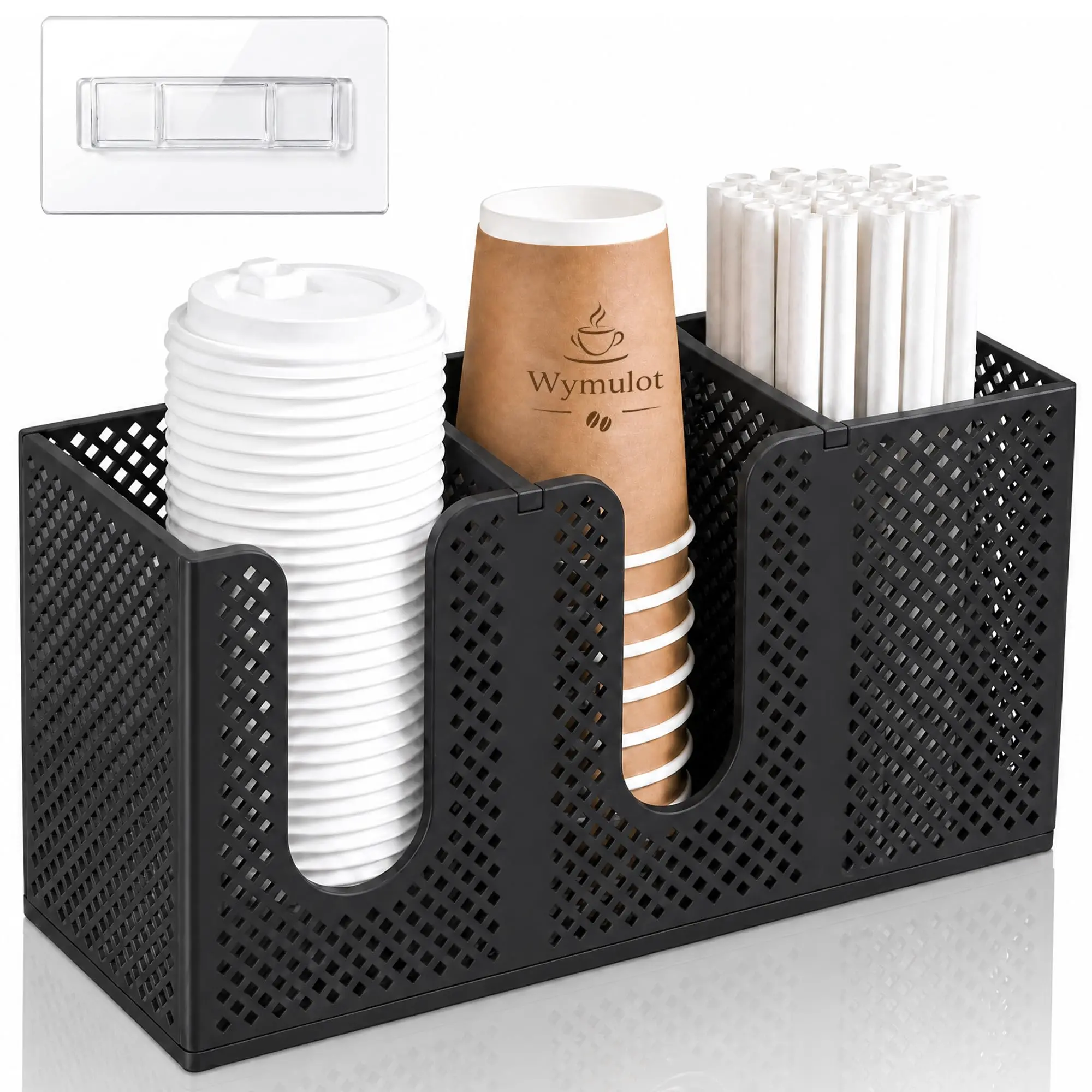 High-Density ABS Rectangular Wall-Mount Paper Cup & Lid Organizer, Drill-Free 3-Compartment Multi-Use Dispenser (Wall Mount or Desktop Storage) for 12oz-24oz Cups, Space-Saving Caddy with Straw for Kitchen Coffee Station