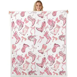 Cowgirl Throw Blanket for Kids,Western Cowboy Boots Pink Bowknots Fleece Throw Blanket for Bedroom Sofa,Dreamy Fairy Tale Princess Starry Pink White Lightweight Bed Blanket
