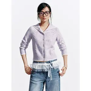 URBAN REVIVO Lady's Basic Plaid Cropped Collared Knit Cardigan - Polyester-Wool Knitting Fabric, Long Sleeves, Lace Trim, Bow Details, Relaxed Fit Casual Women's Top