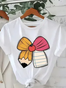Playful Teacher Gift, Apple Bow T-Shirt, Casual Round Neck Short Sleeve Polyester Top, Fabric, Fashionable Women's Clothing