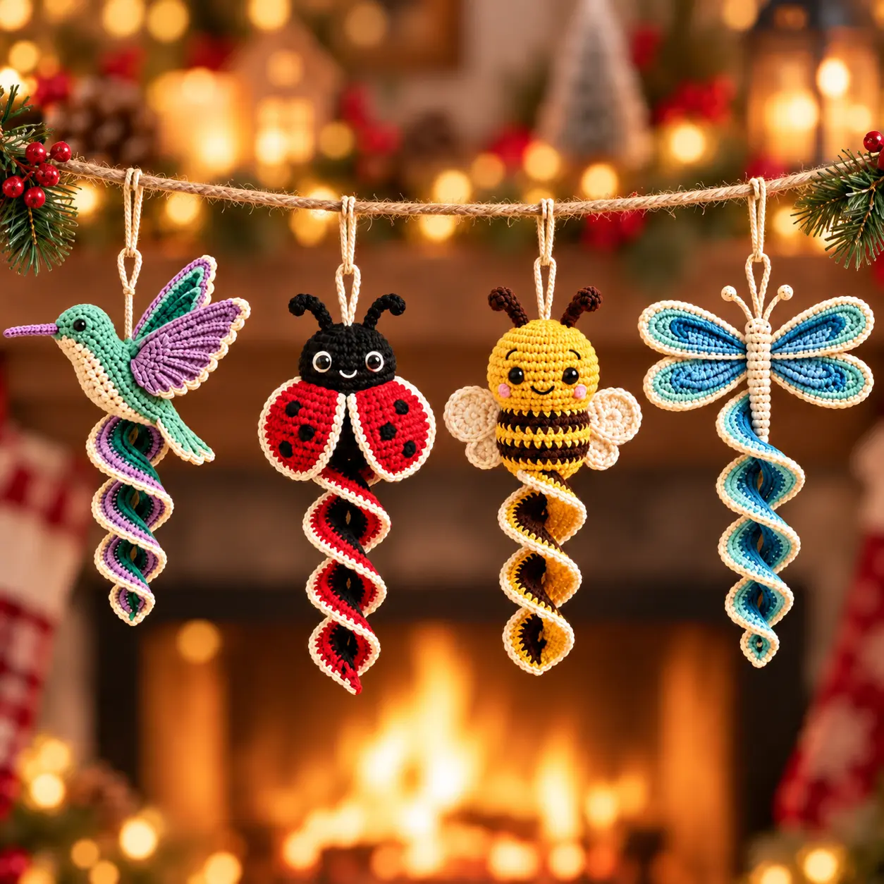 Crochet Animal Car Hanging Ornaments, 4 Cute Hummingbird Ladybug Bee Dragonfly Spiral Yarn Designs, Rearview Mirror Decor, Individual or Set of 4