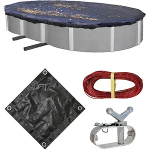 Rugged Mesh 8-Year 12-ft x 24-ft Oval Above Ground Pool Cover for Winter – Fine Mesh Debris Barrier – 4-Ft Overlap, Reinforced Grommets, Vinyl-Coated Cable, Winch – Black - BWC622