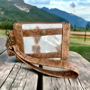 Ladies Western Wallet, Faux Leather ID Wristlet, Faux Cowhide Tooled Wrist Wallet, Cowgirl Zipper Pouch, Boho Ranch Style