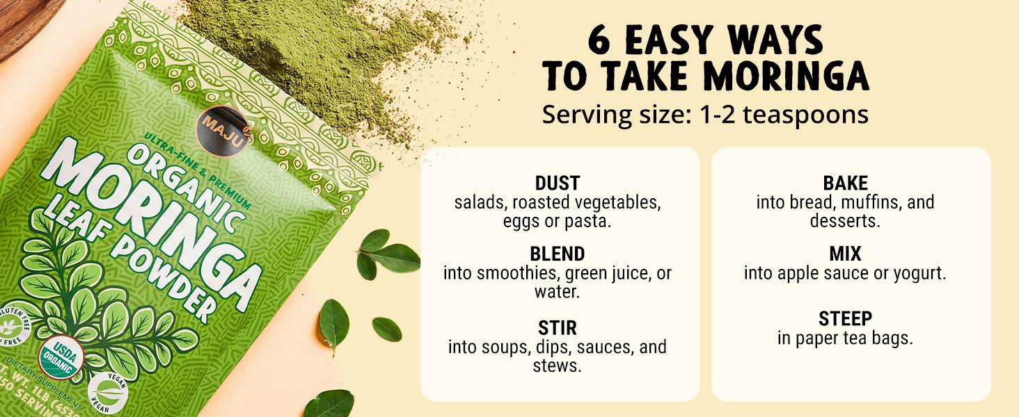 MAJU Organic Moringa Powder (1lb), Oleifera Leaf, Non-GMO and Raw, Shade Dried for Highest Nutrients, Add to Mixed Beverages Natural Superfood Nata MAJU Organic Moringa Powder (1lb), Oleifera Leaf, Non-GMO and Raw, Shade Dried for Highest Nutrients, Add to Mixed Beverages Natural Superfood Nata