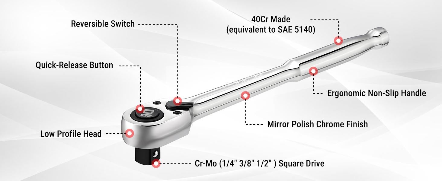 WORKPRO Low-Profile Drive Ratchet Set - 1/4", 3/8", 1/2" Sizes, 90-Tooth Quick-Release, Reversible, 4° Swing, CR-MO Steel Compact Head, Polished Finish, for DIY Maintenance, Tight Spaces, Tool Enthusiasts