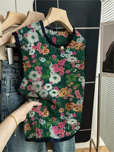 1 piece + Spring/Summer Back-to-School Casual Style Loose Round-neck Sleeveless Knitted Color-Contrasting Dark Blue Edged Multi-color Boho Vintage Floral Print Knit Top for Women, suitable for wearing alone or paired with a jacket for outings.