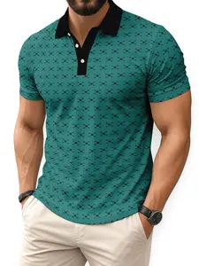 Polo shirt short sleeved, with a blue-green base and a black geometric pattern. The collar features a contrasting design (black) with white buttons, and the cuffs match the body pattern. The overall style is both decorative and minimalist