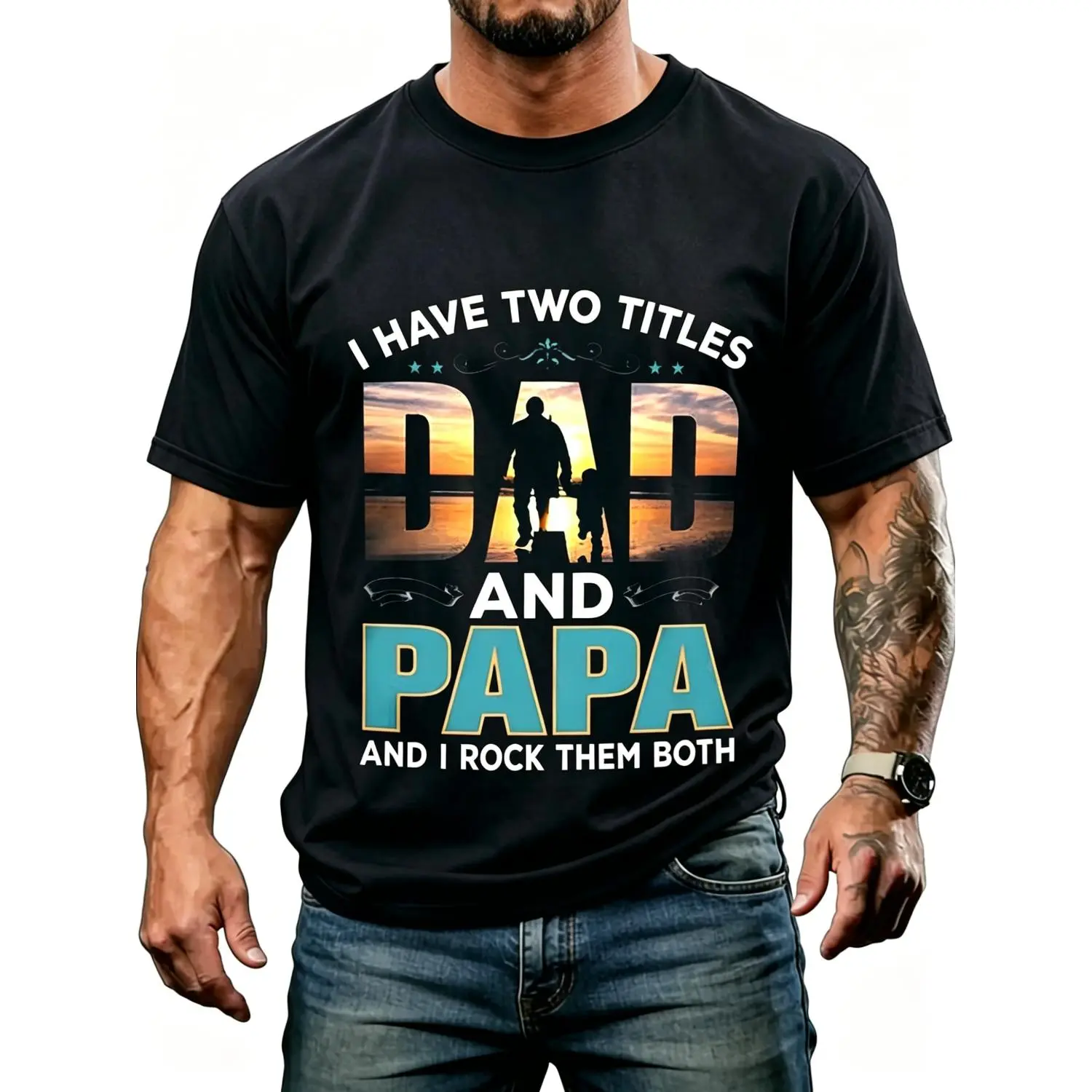 Mens Vintage Dad And Papa Graphic T shirt Crew Neck Casual Tee with Silhouette Design Ideal Gift for Fathers Day Birthdays or Allseason Wear Allseason Cotton T shirt Playful Graphic Tee Soft Cotton Shirt