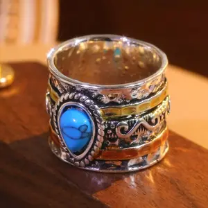 1 Piece Vintage Distressed Water Drop Synthetic Turquoise Color Block Womens Ring Bohemian Index Finger Ring Holiday Anniversary Gift