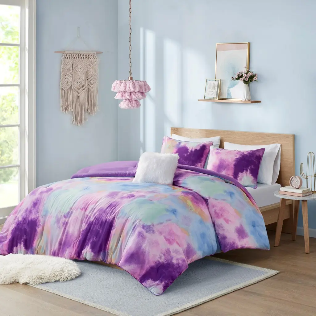 Twin/Twin XL Comforter Set – Watercolor Tie Dye Print, Soft Microfiber, Down Alternative Fill, Includes Throw Pillow, Machine Washable, for Dorm, Guest Room, Kids & Teens