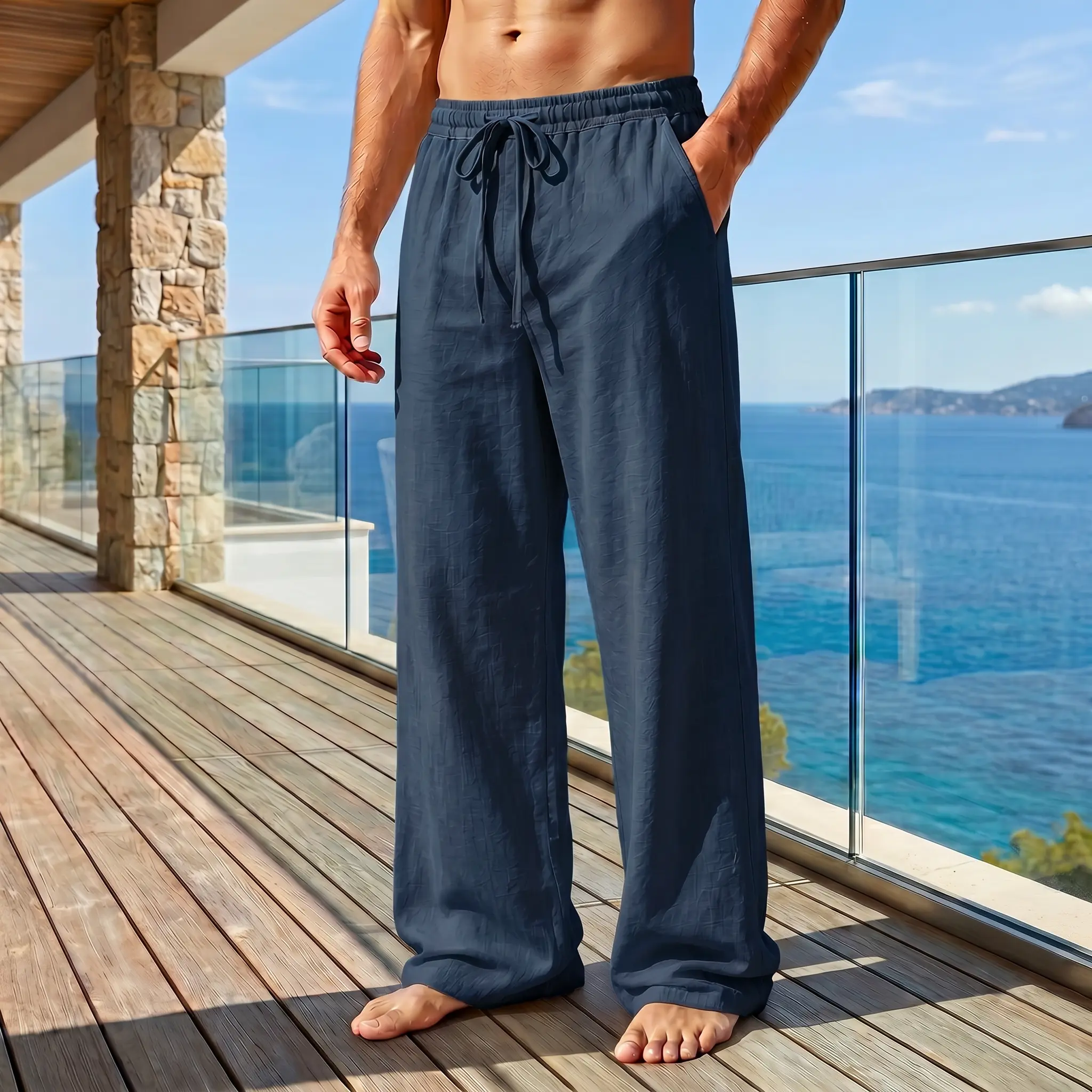 Men's classic casual straight-leg pants—breathable, comfortable, stylish long pants made of 100% cotton; a perfect choice for outdoor travel, vacations, and everyday wear; minimalist casual long pants. Breathable