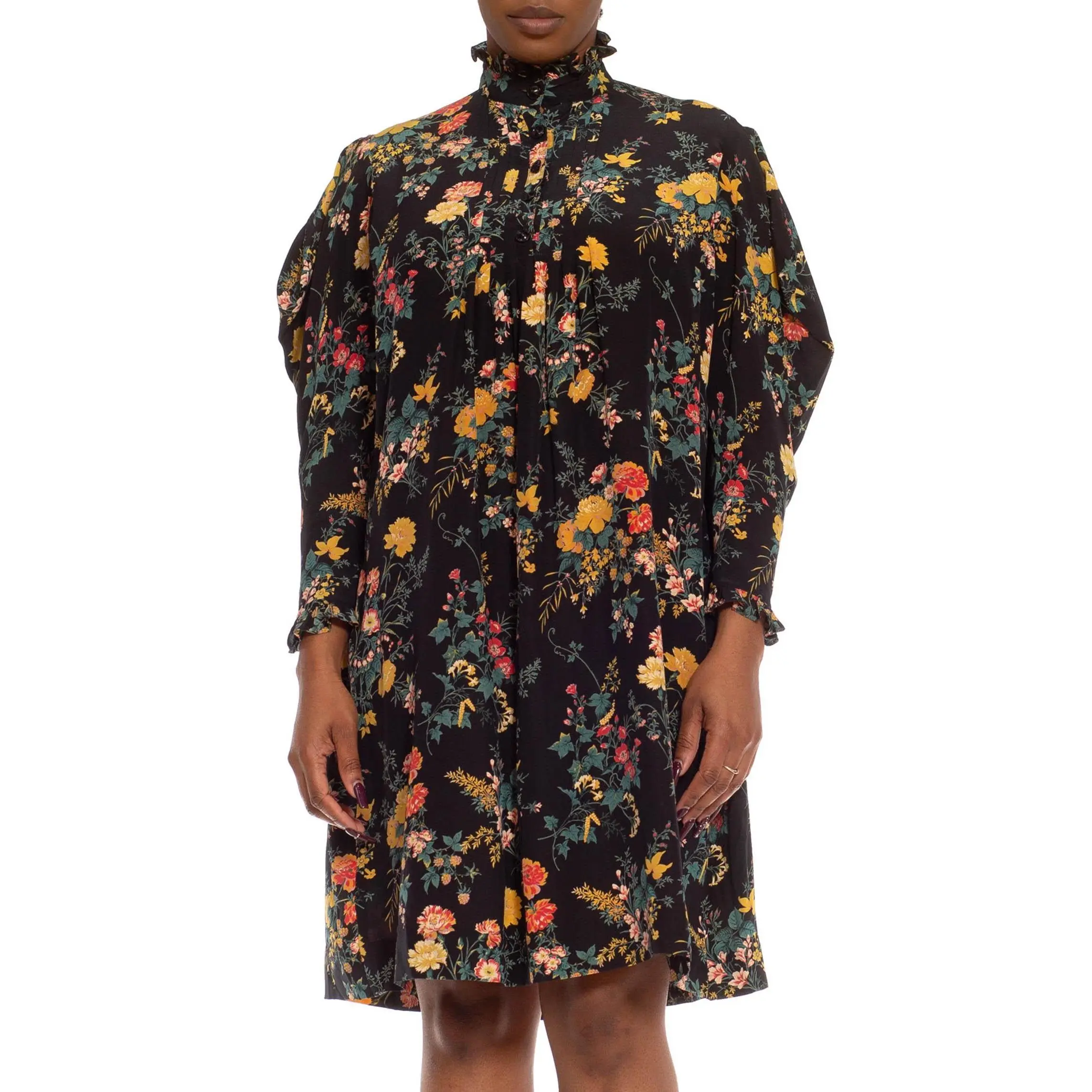 1980S EMANUEL UNGARO Black & Yellow Floral Silk Oversized Boho Dress