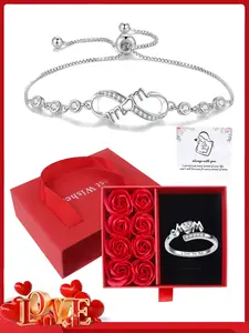 Infinite Motherly Love Bracelet Ring Set, Love You Mom Jewelry Gift Set with Rose Box, Mother's Day Gift, Gift for Mom, Exquisite Heart-shaped Cubic Zirconia Adjustable Bracelet and Open Ring, Suitable for Mom, Maternal Grandmother, Stepmother, New Mom
