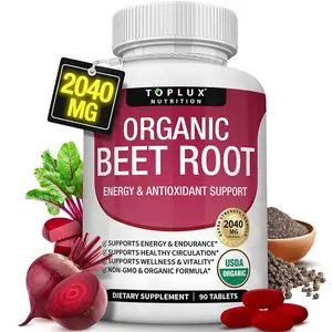 Toplux Organic Beet Root Powder Tablets - 2040mg Natural Nitric Oxide Beets to Support, Energy, Black Pepper Better Absorption, Non-GMO, for Men Women, 90 Tablets