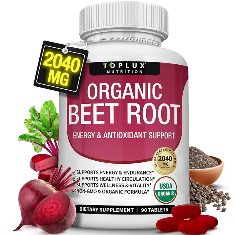 Toplux Organic Beet Root Powder Tablets - 2040mg Natural Nitric Oxide Beets to Support, Energy, Black Pepper Better Absorption, Non-GMO, for Men Women, 90 Tablets