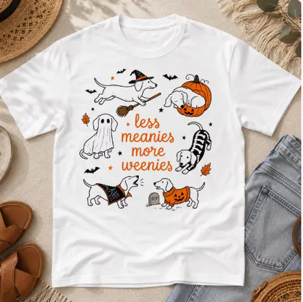 Daschund Halloween Less Meanies More Weenies Funny Doxie Tshirt, Wiener Dog Mom Tee, Halloween Sausage Dog Shirt