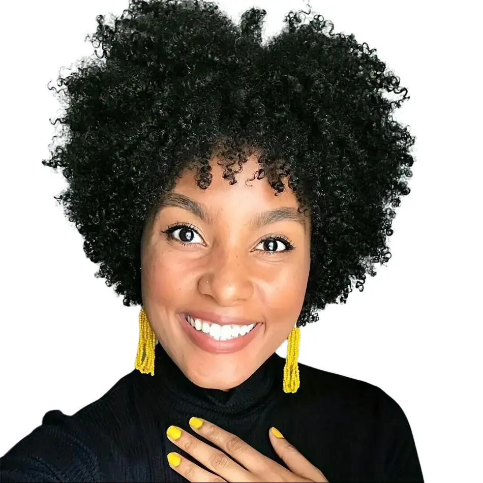 Women's Brazilian Remy Human Hair Full Machine Wig - 6-in Chic Pixie Afro Kinky Curly Layered with Bangs, 200% Density, Non-Lace Rose Cap, Glue-Free Easy Wear, Afro Wig Headpieces for Daily, Party Use