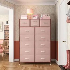 RaybeeFurniture Tall Dresser, Dresser For Bedroom With 14 Drawers, Tall Bedroom Dresser For Bedroom, Large Fabric Dresser With Wood Top And Metal Frame For Closets, Living Room, Entryway