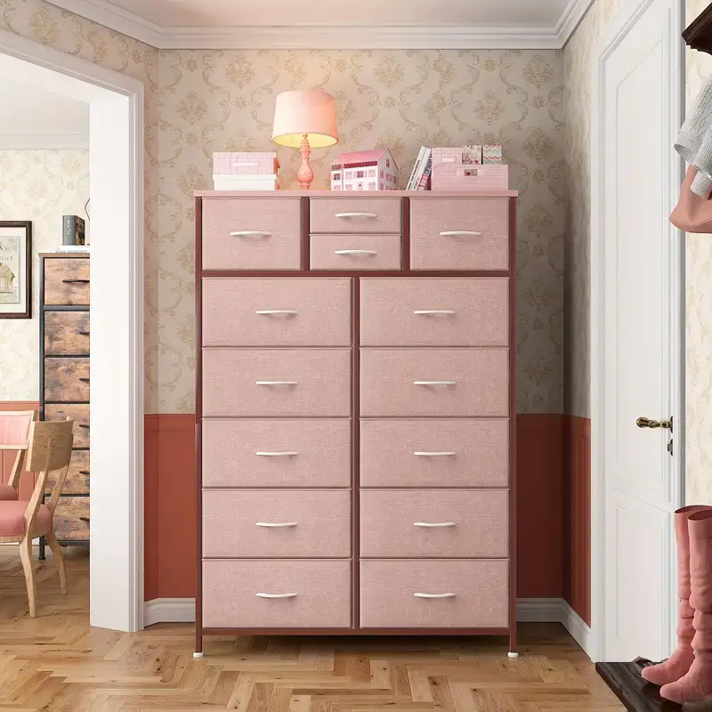 RaybeeFurniture Tall Dresser, Dresser For Bedroom With 14 Drawers, Tall Bedroom Dresser For Bedroom, Large Fabric Dresser With Wood Top And Metal Fram
