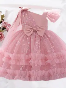 Baby Girl's Contrast Sequin Bow Decor Tiered Layer Satin Dress, Cute Asymmetrical Neck Frill Trim Fit & Flare Dress for Party Wedding Guest, Infant Toddler Kids Clothes