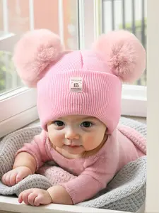 Double Ball Knit Hat for Kids Aged 3-12, Casual Style Newborn Beanie, Outdoor Warm Winter Cap, Daily Commute Essential
