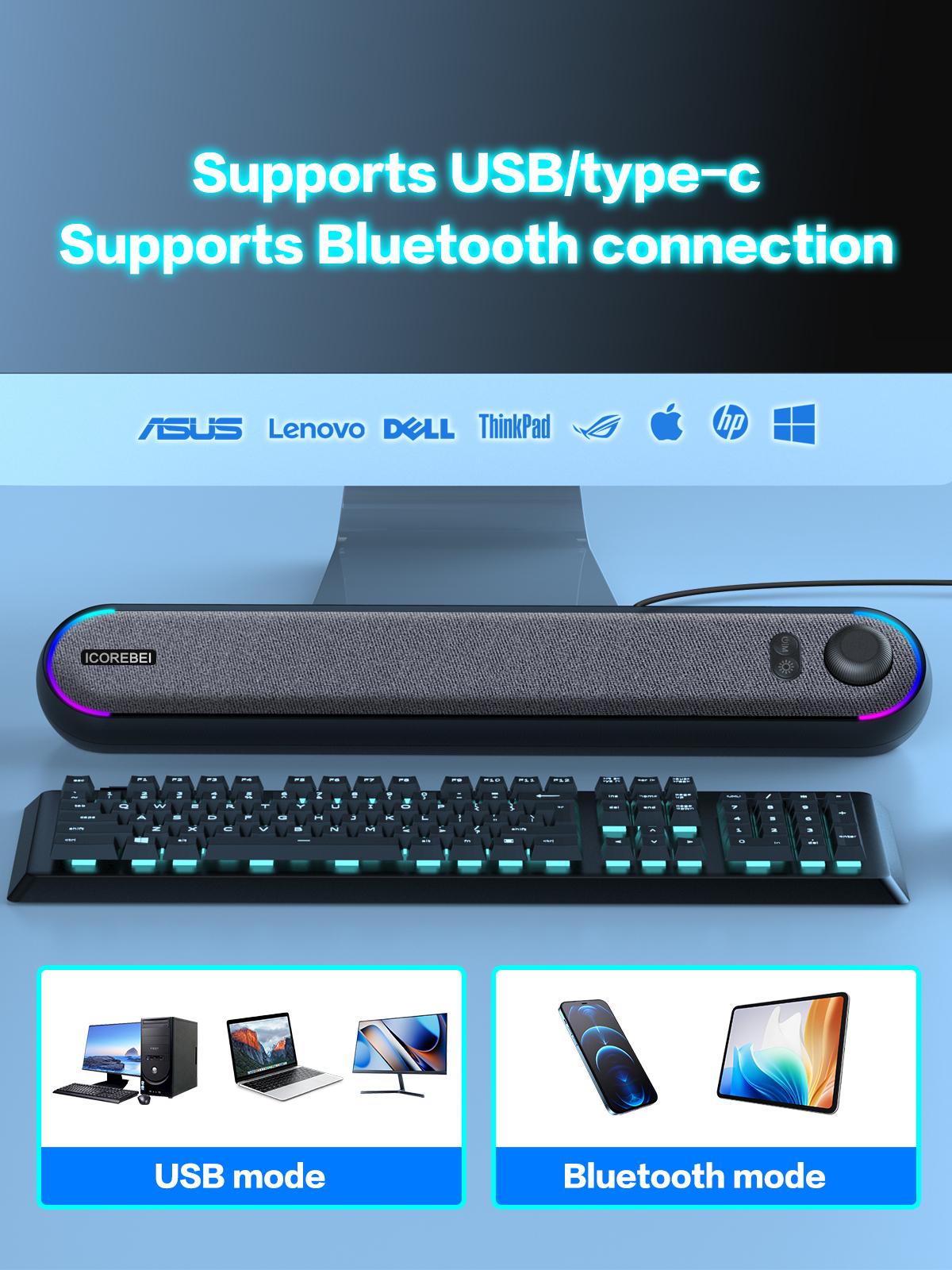 ICOREBEI Desktop Computer Speaker/Soundbar, compatible with Mac, desktop, laptop, tablet, monitor, and PC, plug and play, USB to USB-C power supply and audio transmission; Bluetooth 5.3, RGB lighting, wired gaming speaker. ICOREBEI Desktop Computer Speaker/Soundbar, compatible with Mac, desktop, laptop, tablet, monitor, and PC, plug and play, USB to USB-C power supply and audio transmission; Bluetooth 5.3, RGB lighting, wired gaming speaker.