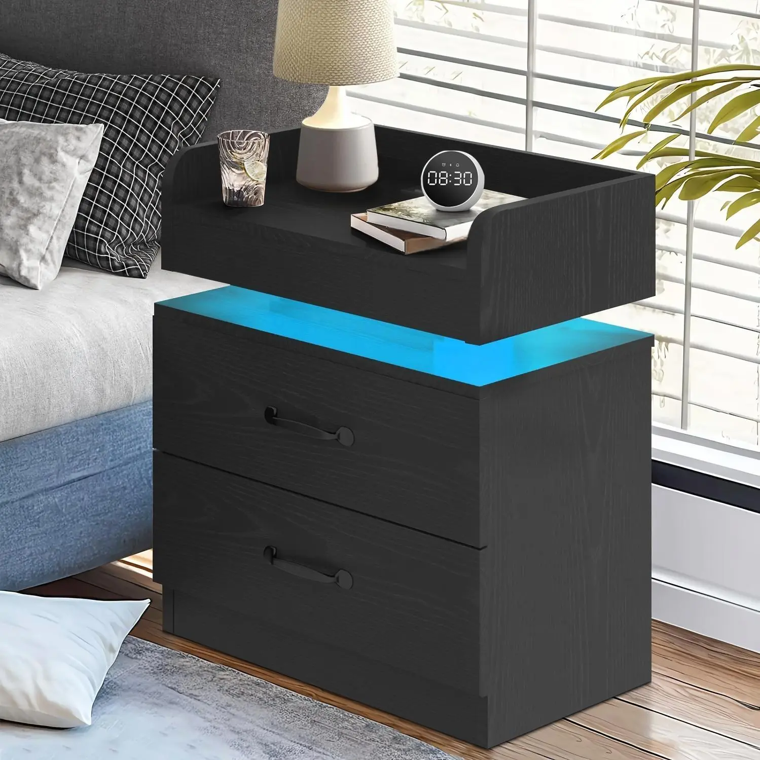 4ever2buy Decor, 1pc & 2pcs Black/White LED Night Stand with Charging Station, 1pc & 2pcs Bedroom Nightstand with 2 Drawers, LED Side Table for Bedroom & Living Room, Narrow Entryway Table, Smart Nightstand with Charging Station