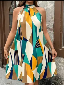 Plus Size Fashion Women's Geometric Print Off-Shoulder Dress Womenswear, Casual Summer Fashion, Elegant A-Line Design, Perfect for Daily Wear