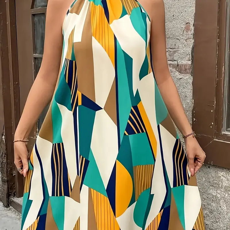 Plus Size Fashion Women's Lady Geometric Print Off-Shoulder Sleeveless Dress Womenswear, Casual Summer Fashion, Elegant A-Line Design, Perfect for Daily Wear, Casual Beach Dress, Casual Summer Dresses