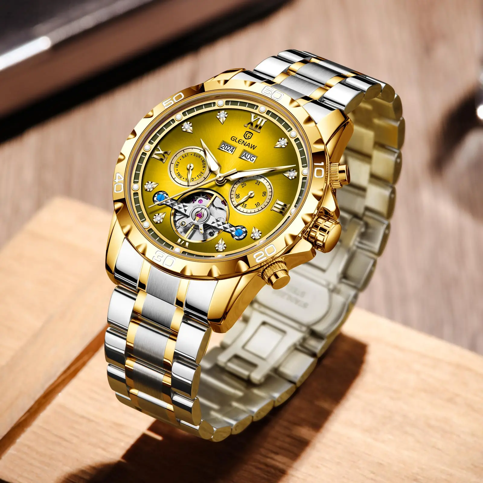 GLENAW Year Month Sunday Multi-functional Mechanical Watch Men TOP-luxurious Stainless Steel Waterproof Luminous Automatic watch