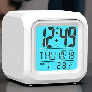 Contemporary Minimalist Alarm Clock, 7 Color Light Effects, Extremely Silent Bedside Clock with Glowing LED Display, Temperature & Date Function, Modern Desk Decor for Bedroom Home Office