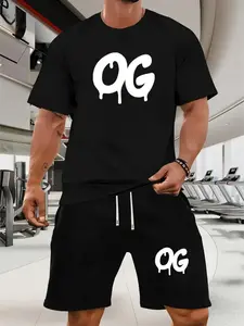 Men's Plus Size Casual Fashion Letter Print Set, Short Sleeve T-Shirt and Shorts Set, Loose Fit Comfortable Wear