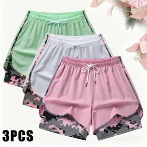 3-pack women’s 2-in-1 quick-dry running shorts, camouflage lining anti-chafing athletic shorts, stylish casual design, drawstring elastic waistband fitness yoga training shorts for summer casual wear.