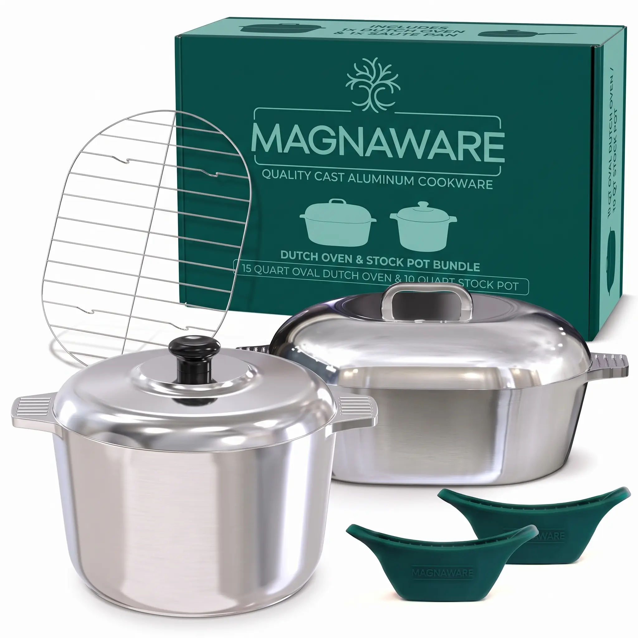 MAGNAWARE Cast Aluminum Cookware Set - 10 Quart Stock Pot with Lid + 10 Quart 15 Inch Oval Dutch Oven with Lid & Silicone Handle Covers