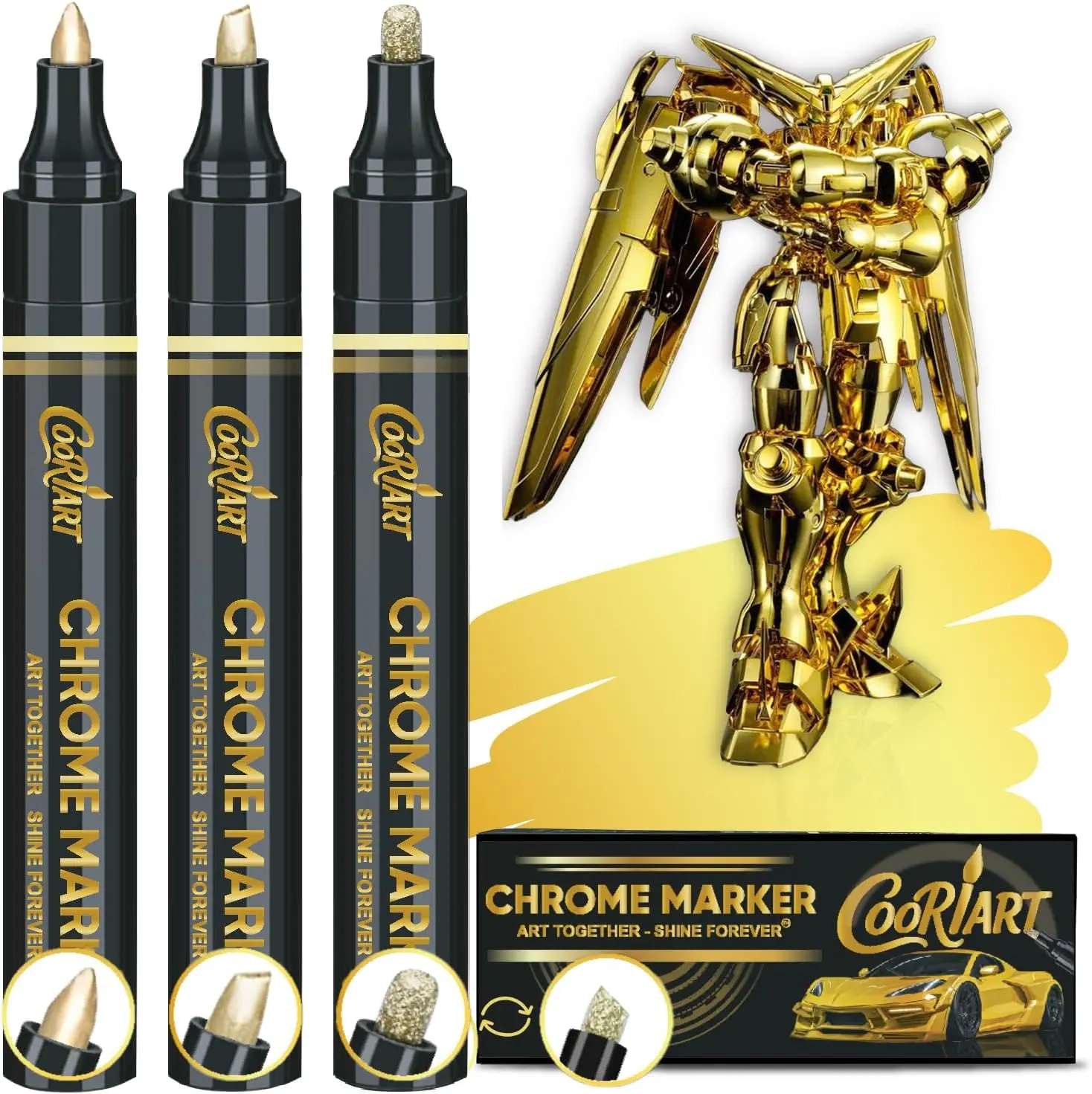 3PK Liquid Gold Chrome Paint Markers, Metallic Mirror Finish Gold Pens with 1mm/2mm/3mm Reversible Tips for Metal, Plastic, Fabric & DIY Crafts