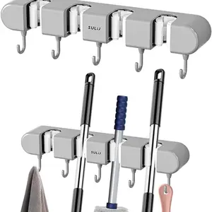 1pcs Broom Holder Wall Mount, No-Drilling Self-Adhesive, 4 Racks with 5 Hooks, Wall-Mounted Broom Hanger for Bathroom, Kitchen, Closet, Garage