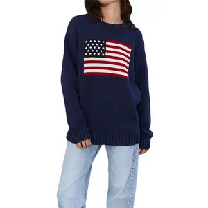 Women's Patriotic Sweater Stars Stripe Flag Print Round Neck Long Sleeve Pullovers 4th of July Loose Casual Knit Jumpers