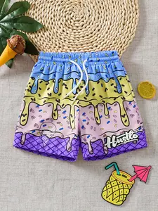 Hustle Ice Cream Gradient Beach Shorts, Macaron Color Quick-Dry Casual Shorts, Drawstring Waist, Slim-Fitting, All over Print