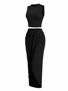 Women's Solid Jersey Crop Tank Top & Ruched Asymmetrical Hem Split Skirt Set, Womenswear Clothes, Casual Mock Neck Sleeveless Top & High-Waist Wrap Skirt, Cute Chic Minimalist Summer Outfit