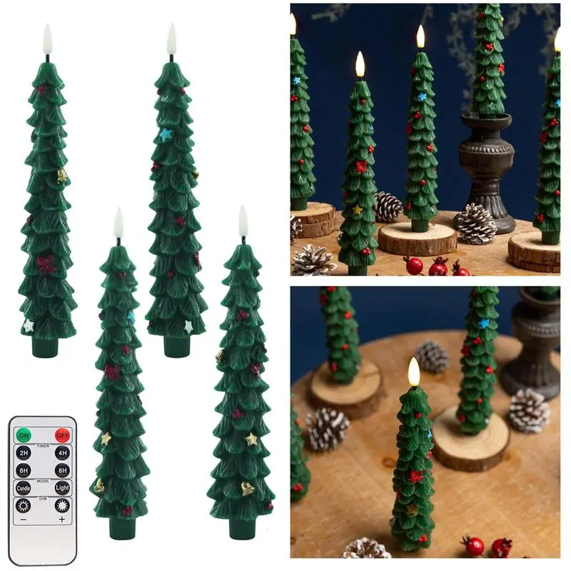 Christmas Tree Flameless Taper Candles Flameless Window Candles with Remote Timer, 9.8" Battery Operated 3D Wick LED Flickering Taper Candle for Home, Wedding, Party Decorations,Thanksgiving, Christmas, and birthday gifts