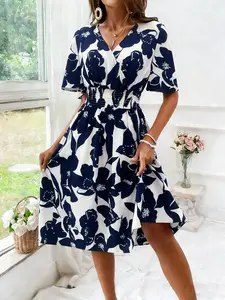 Viral Boho Floral Summer Dress, Breathable, Slimming Elastic Waist, Flowy Ruffle Hem, Elegant Fitted Dress, Perfect for Casual Wear