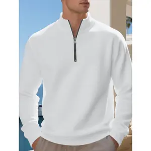Men's Fall Winter New Sweatshirt, Fleece Lined Long Sleeve Pullover, Vintage Half-Zip Polo Collar, Solid Color Men's Jacket Top