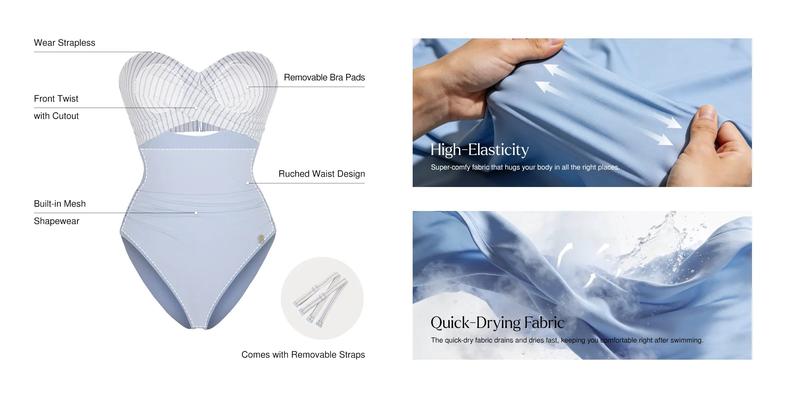 Popilush Bandeau One-Piece Swimsuit for Women Turquoise Cutout Ruched Bathing Suit with Push-Up Design, Tummy Control Swimwear for Beach Pool Vacation Swimswimsuits