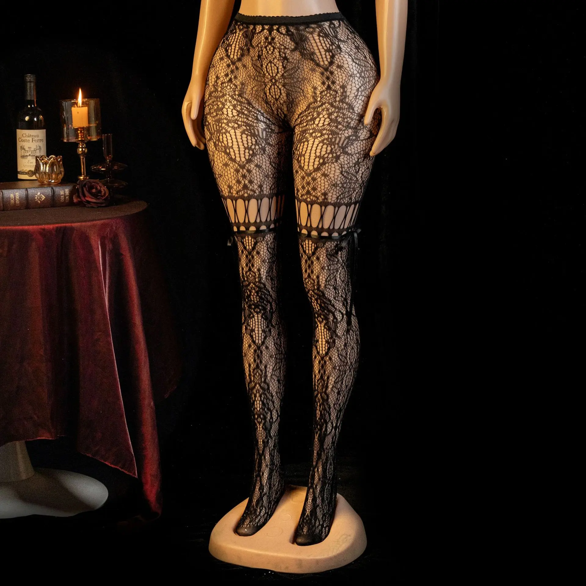 Women's Lace Hollow-Out Fishnet Thigh-High Pantyhose - Floral Rope Pattern, Elegant Sheer Semi-Transparent Thick Ribbon-Accented Breathable Lingerie Tights for Daily Wear & Special Nights (Black) Womenswear Accessory Stockings