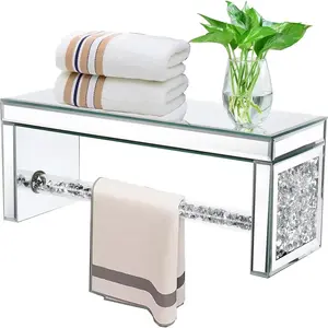 Wall-Mounted Rhinestone Mirror Glass Towel Rack, Elegant Crystal Diamond Mirror Glass Towel Rod, Decorative Storage Shelf for Bathroom