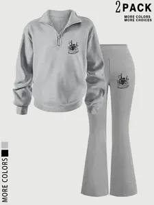 Women's Zipper Fashion Warm Long Sleeve Sweatshirt + Slim Comfort Flared Bell Bottom Pants Set Outfit, Casual Halloween Skull Print, Fall & Winter Wear