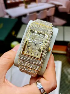 Unisex Rectangular Fully Iced-Out Wristwatch | Rhinestone Watches, Crystal Paved Case & Band, Roman Numeral Dial, Date Window, Luxury Watch for Hip Hop, Gala & Special Occasions