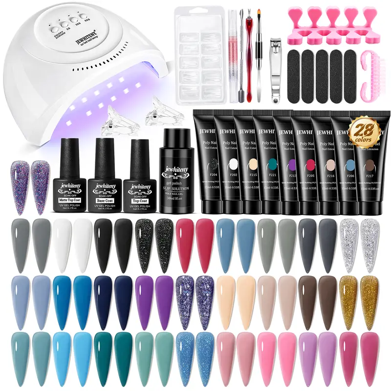 JEWHITENY Nail Kit Nude Gray Black grey Blue yellow purple Glitter All In One Starter Kit Poly Extension Gel Nail Kit With Nail Lamp Base Top Coat Builder Gel Nail Kit