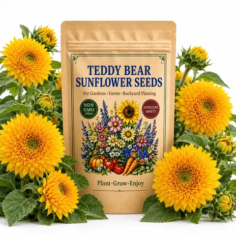 500 Teddy Bear Sunflower Seeds for Planting, Fluffy Double Golden Flowers for Patio Containers