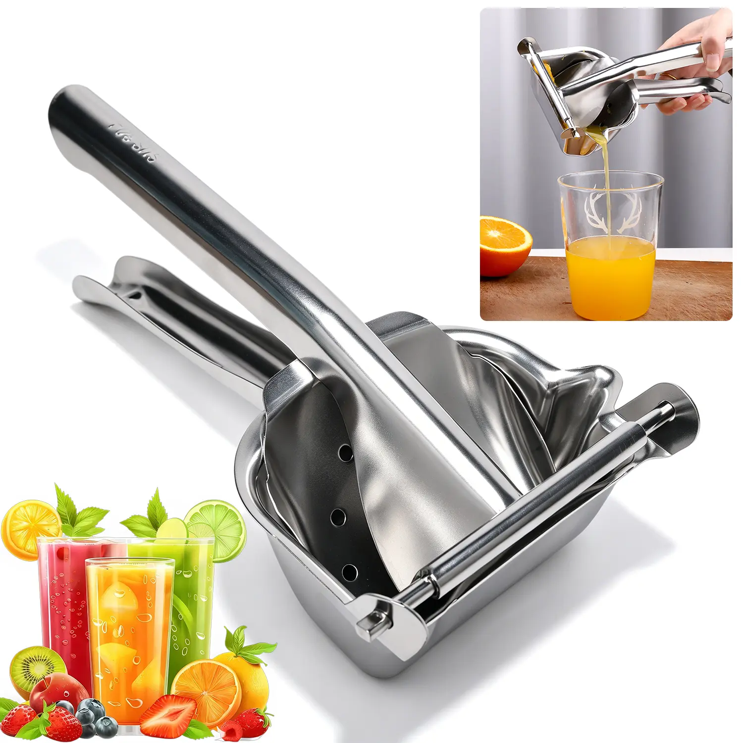 SUS304 Stainless Steel Manual Fruit Juicer Press, Handheld Citrus Squeezer with Filter Spout, Dishwasher Safe Portable Hand Juice Extractor for Orange Lemon Lime Strawberry Mango Grape Home Kitchen Picnic Drinks